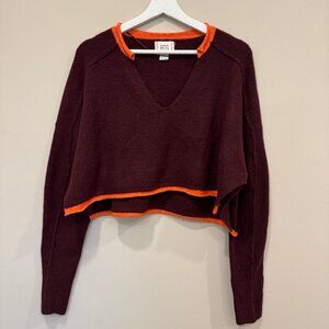 BDG Urban Outfitters Burgundy Cropped Sweater with Orange Contrast Trim Size Sma